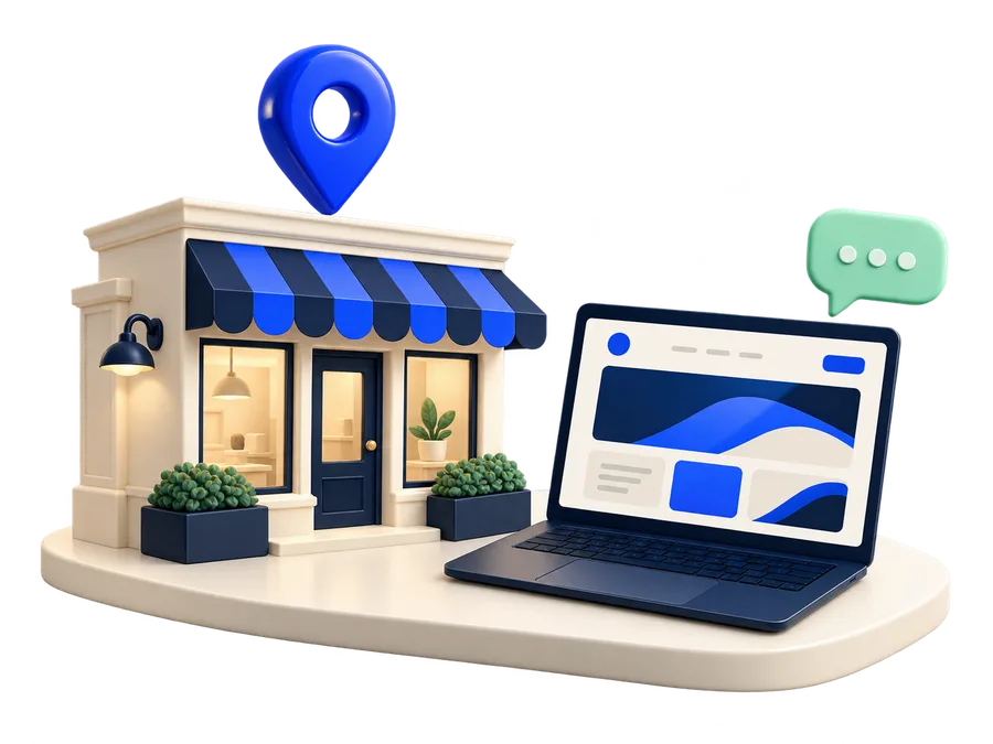 Illustration of a neighbourhood shop connected to its website.