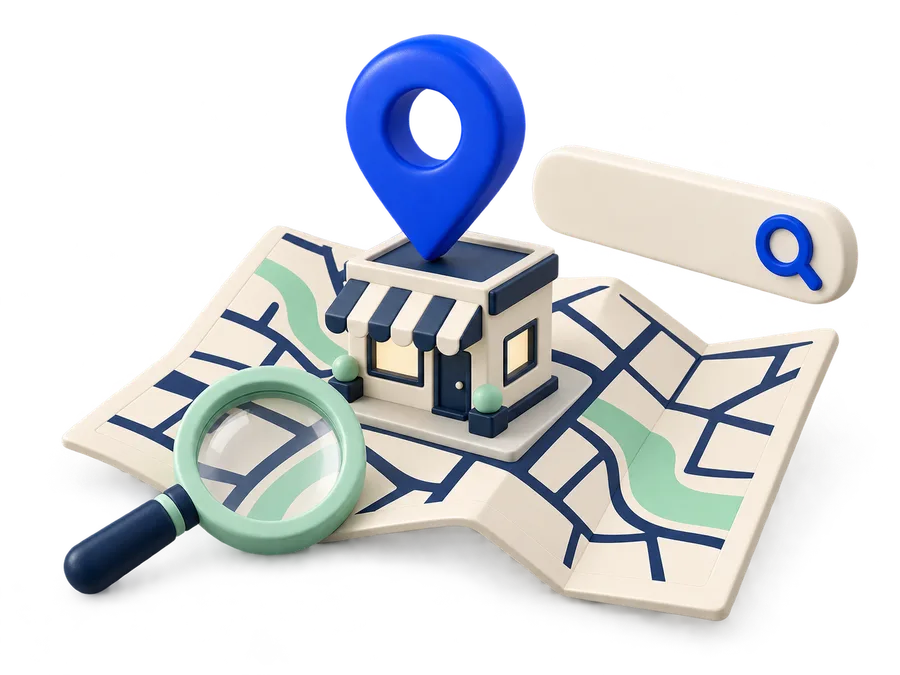 Illustration of a local shop on a map with a search pin and magnifying glass.
