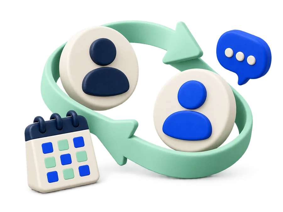 Illustration of customer profiles connected by a return loop and follow-up calendar.